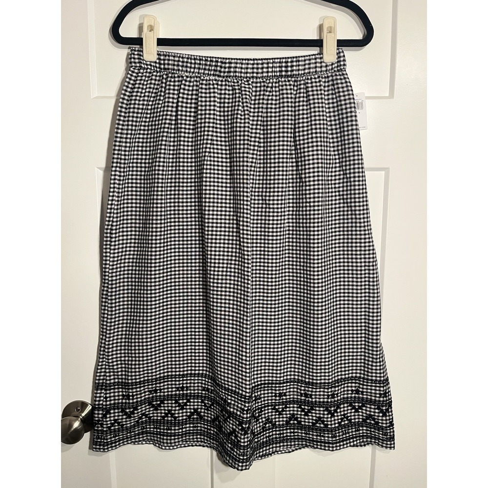 NWT Old Navy Gingham Midi Skirt Womens Medium M Black White Embroidered Hem